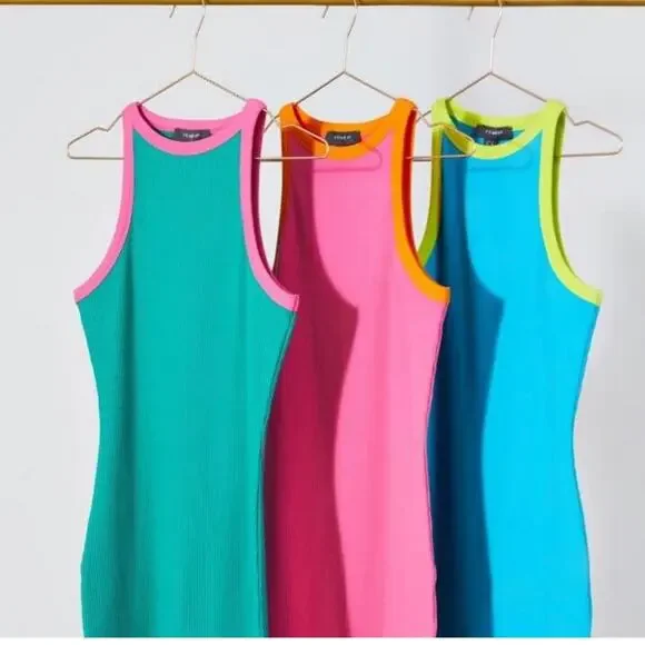 Primark NWT Modern Y2K Vibes Ribbed Bright & Bold Bodycon Dress Teal Pink - 10 - Picture 4 of 8